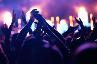 Happy cheering crowd with hands in air at music festival