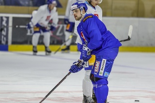 Na snímke Daniel Gachulinec počas tréningu na prvom oficiálnom zraze slovenskej hokejovej reprezentácie pred MS v Rige v Piešťanoch.