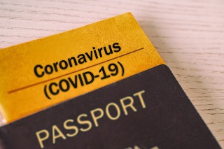 Coronavirus COVID-19 Vaccination proof booklet in passport. Travel ban health certificate Corona screening of travelers tourists. Closure of airports restricted traveling.