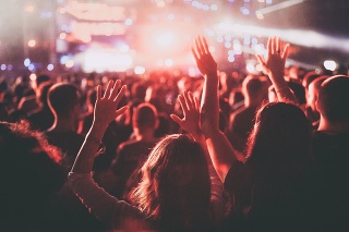 Back view of a crowded audience on a music festival with their arms raised.