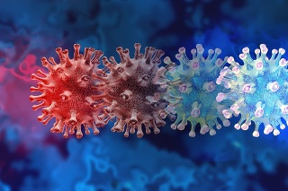 Mutating virus concept and new coronavirus b.1.1.7 variant outbreak or covid-19 viral cell mutation and influenza background as dangerous flu strain medical health risk with disease cells as a 3D render.