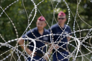 Maďarskí policajti hliadkujú za ostnatým drôtom na maďarsko-srbských hraniciach.