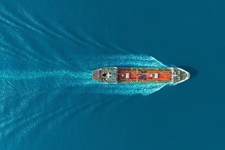 Aerial top view Oil ship tanker carier oil from refinery on the sea.