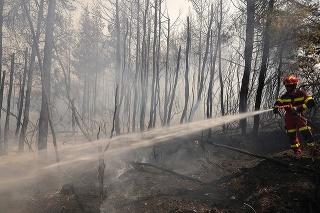 Slovenský hasič hasí požiar v obci Avgaria na gréckom ostrove Evia, ktorý sa nachádza 189 kilometrov severne od Atén.