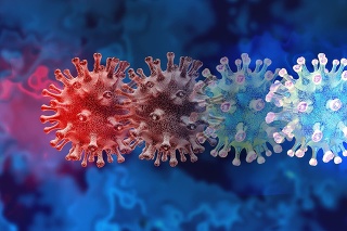 Mutating virus concept and new coronavirus b.1.1.7 variant outbreak or covid-19 viral cell mutation and influenza background as dangerous flu strain medical health risk with disease cells as a 3D render.