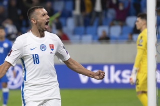 Na snímke slovenský útočník Ivan Schranz oslavuje gól v zápase H-skupiny kvalifikácie MS 2022 vo futbale Slovensko - Cyprus.