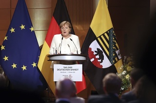 Nemecká kancelárka Angela Merkelová (CDU) počas príhovoru pri príležitosti 31. výročia znovuzjednotenia Nemecka v Halle/Saale.
