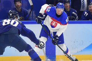 Na snímke sprava hokejista Martin Marinčin (Slovensko) a hokejista Saku Mäenalanen (Fínsko) v semifinále olympijského turnaja. 