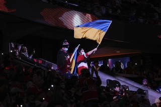 Na snímke fanúšik s ukrajinskou vlajkou na zápase NHL. 