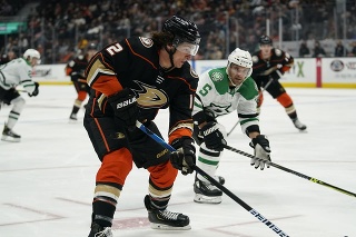 Slovenský obranca Dallasu Stars Andrej Sekera (uprostred) a hokejista Anaheimu Ducks Sony Milano (vľavo) bojujú o puk počas zápasu zámorskej hokejovej NHL. 