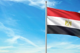 Egypt flag on flagpole waving cloudy sky background realistic 3d illustration with copy space