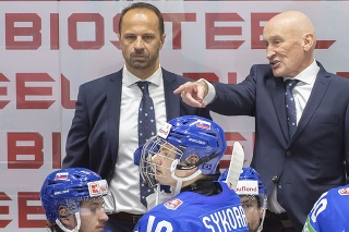 Na snímke v pozadí vpravo tréner slovenských hokejistov Craig Ramsay, vľavo asisitent Ján Pardavý a v popredí uprostred premiérový strelec gólu Adam Sýkora.