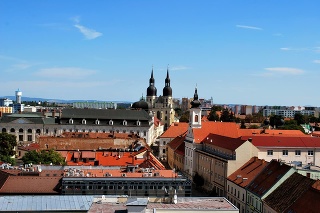 The panorama view of Trnava historical center with the Saint Nicolas church, Slovakia