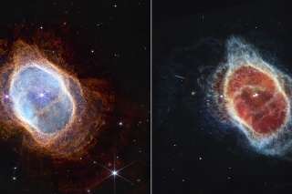 Na kombosnímke je porovnanie pozorovania planetárnej hmloviny NGC 3132 zvanej aj Osmičková hmlovina v blízkom infračervenom žiarení (vľavo) a v strednom infračervenom žiarení (vpravo).