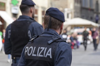 Florence, Italy - April 02 2019: Policemen in bulletproof vest near a the cathedral.