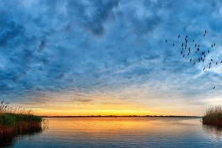 horizontal shot of nature background, sunset view over Danube river.