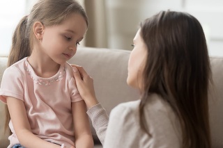 Loving worried mom psychologist consoling counseling talking to upset little child girl showing care give love support, single parent mother comforting sad small sullen kid daughter feeling offended
