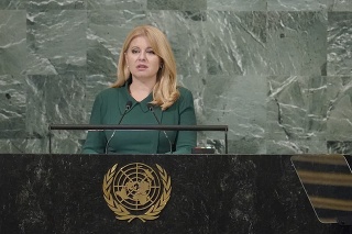 Slovenská prezidentka Zuzana Čaputová hovorí  na 77. Valnom zhromaždení OSN.