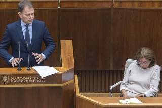 Na snímke vľavo podpredseda vlády SR a minister financií SR Igor Matovič (OĽaNO) a vpravo poslankyňa parlamentu Anna Zemanová (SaS).