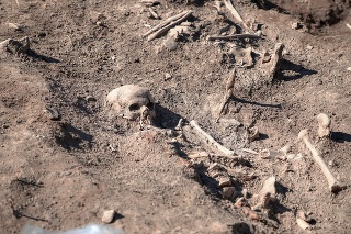 Serbia, Sep 27, 2019: Unearthed human remains from late Roman period discovered during archaeological excavation in Vinča, one of the major and the largest prehistoric archaeological sites in Europe (6th to 3rd millennium BC).