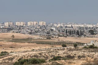 A view into Gaza City, Palestine, showing destruction of structures and buildings following a summer-long battle between militants and Israeli forces