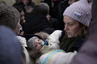 Ukrajinská utečenkyňa na železničnej stanici na poľsko-ukrajinskom hraničnom priechode Przemysl 9. marca 2022.