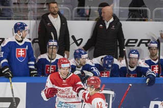 Reakcia slovenskej striedačky, vpravo hore tréner slovenských hokejistov Craig Ramsay, vľavo hore jeho asisitent Andrej Podkonický po inkasovanom góle na 3:4 v predĺžení