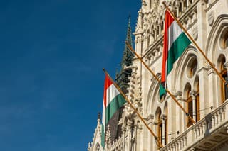 Hungarian flags on the Hungarian Parliament Building or Parliament of Budapest, a landmark and popular tourist destination in Budapest, Hungary