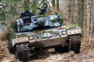 Na archívnej snímke z roku 2022 tank Leopard 2 poľskej armády stojí v zalesnenej oblasti.