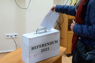 Na snímke volička vhadzuje obálku s hlasovacím lístkom do prenosnej volebnej schránky v Zariadení pre seniorov Zobor v Nitre.