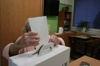 Na snímke volička vypisuje volebný lístok pri prenosnej volebnej schránke vo Fakultnej nemocnici s poliklinikou v Žiline.