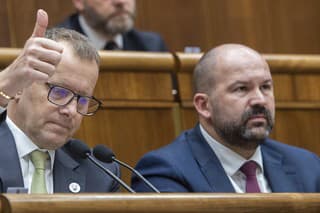 Na snímke zľava predseda parlamentu SR Boris Kollár a podpredseda NR SR Peter Pčolinský (obaja Sme rodina) po schválení termínu predčasných parlamentných volieb.