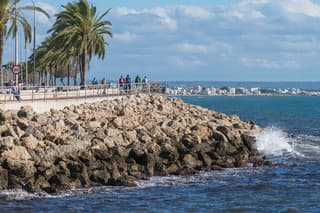 Palma, Balearic Islands, Spain – November 7, 2018: The sea coast by the port. A breakwater with palms on it can be seen.
