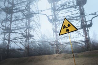Radioactivity sign in Chernobyl Outskirts 2019 closeup