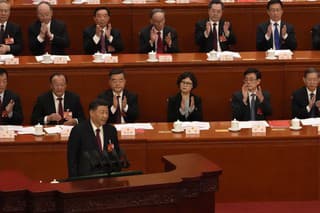 Čínsky prezident Si Ťin-pching počas prejavu na záver Čínskeho národného ľudového kongresu.