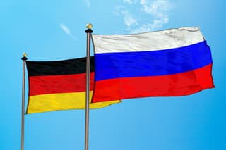 Russia vs Germany flag on the mast