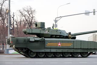 Moscow, Russia - April 2022: Russian main battle tank T-14 Armata on city street during a rehearsal of the Victory parade