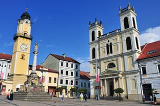 Banska Bystrica, Slovakia - September 5, 2018: View of main square of Banska Bystrica town, Slovakia on September 5, 2018.