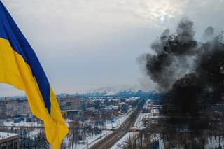 The aerial view of the Ukraine flag in winter