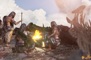 ancient cavemen people sit near a campfire render 3d