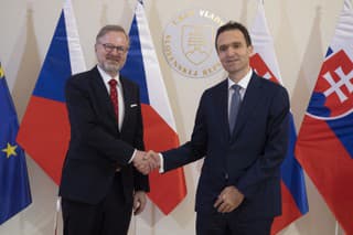 Na snímke predseda vlády SR Ľudovít Ódor (vpravo) a český predseda vlády Petr Fiala počas ich stretnutia na Úrade vlády SR 31. mája 2023.