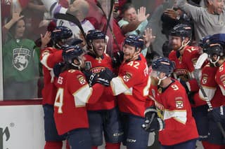 Hráči tímu Florida Panthers sa radujú po víťazstve.