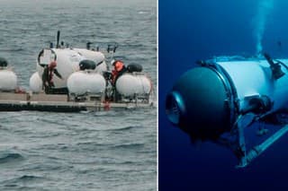 Na zábere vľavo sa ponorka Titan pripravená na ponor.