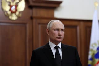 Na snímke ruský prezident Vladimir Putin sa prihovára k národu v Moskve v Rusku v sobotu 24. júna 2023.