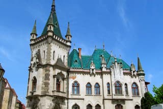 Kosice, Slovak Republic - May 2, 2018: Jakab Palace In Kosice, close-up. Beautiful gothic castle with an emerald green roof in the old town