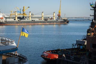 The Ukrainian flag flies from the stern of a ship in the Black Sea port of Odessa, Ukraine, on September 16, 2016.