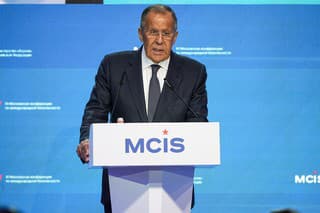 Ruský minister zahraničných vecí Sergej Lavrov hovorí na 11. konferencii o medzinárodnej bezpečnosti 15. augusta 2023 v Moskve.