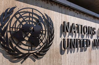 Geneva, Switzerland - April 15, 2019: United Nations sign located outside the United Nations Office in Geneva - image