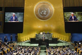 Na snímke generálny tajomník OSN António Guterres reční v rozprave na 78. zasadnutí Valného zhromaždenia Organizácie Spojených národov (OSN).