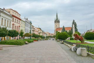 Presov, Slovakia - August 13, 2014: People walking on main street in the center of Presov in Slovakia during cloudy day in summer 2014